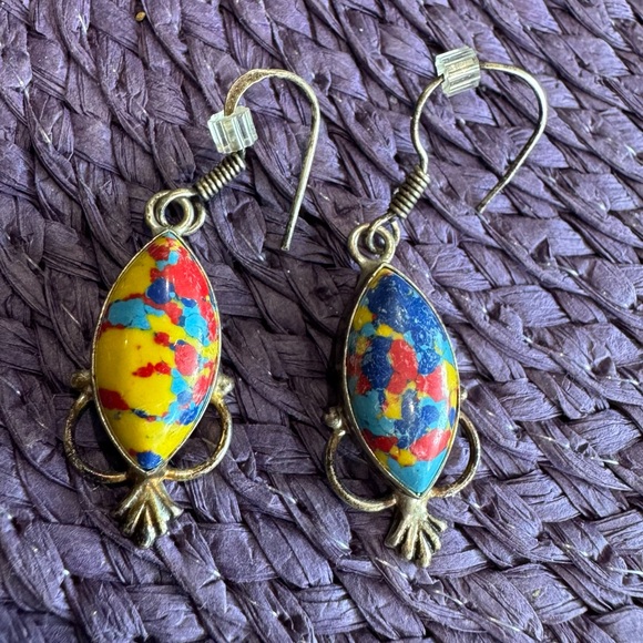 Agate necklace set w/red, blue, yellow & sterling silver-16” + matching earrings - Picture 6 of 6